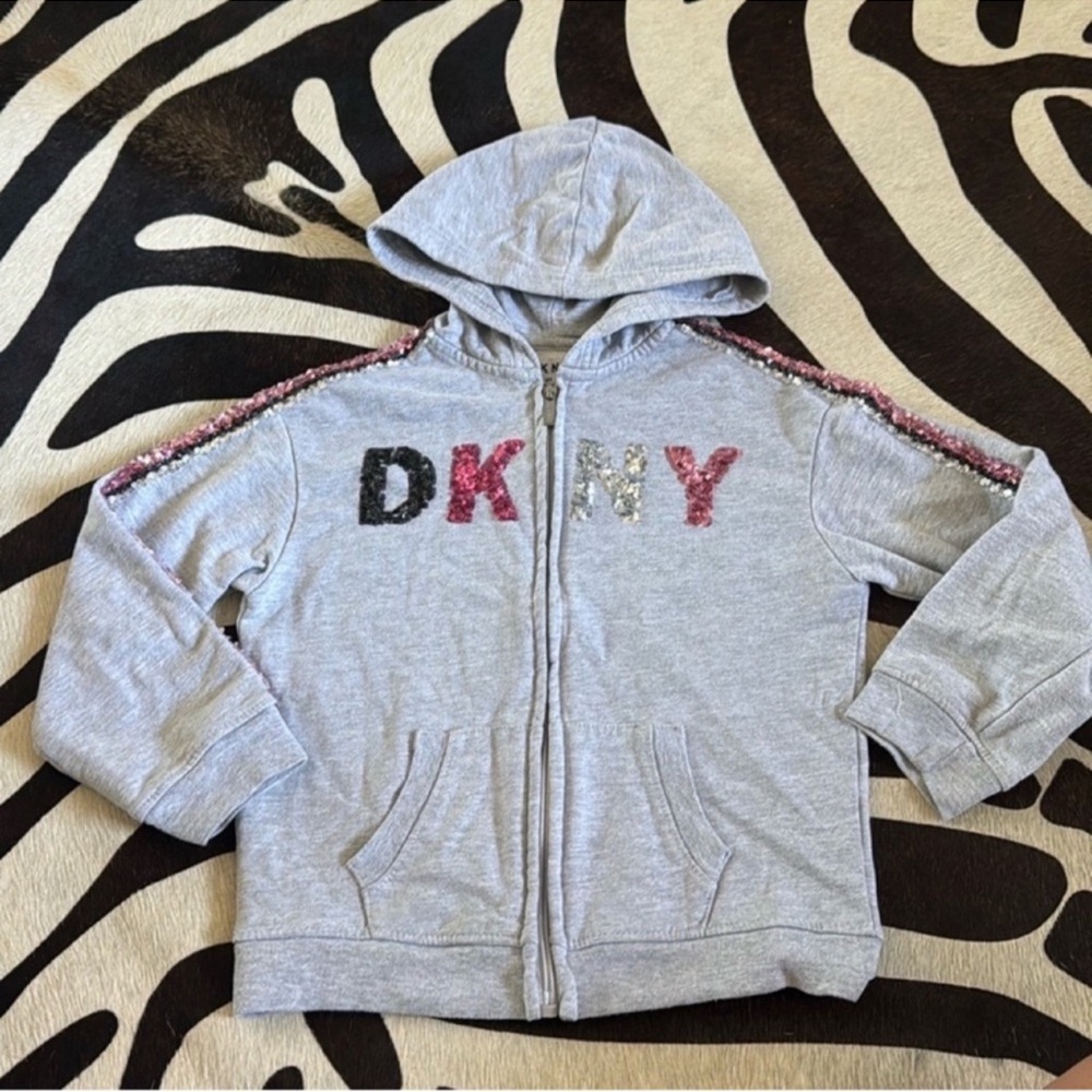 DKNY Kids/Girls Gray Pink Sequined Sweatshirt Hoodie Sz 6 Full Zip